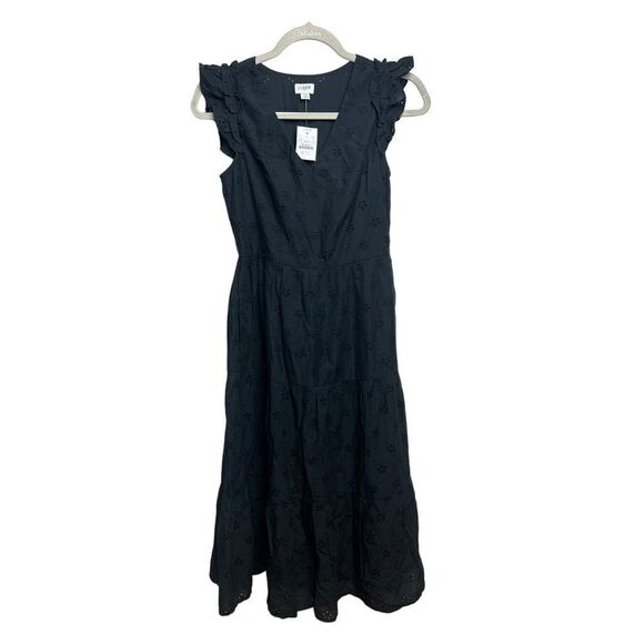 J. Crew Black Eyelet Flutter Sleeve Midi Dress NWT Sz. OP - Picture 2 of 6
